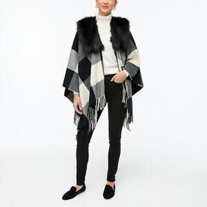NEW J. Crew Faux Fur Cape Scarf Black Ivory Buffalo Plaid AG527 One Size